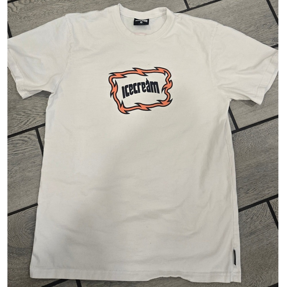 Icecream Mens White Flame Graphic Logo T-Shirt Size Medium Streetwear Skateboard